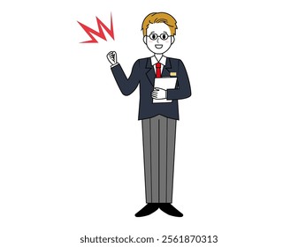 Illustration of a male salesperson serving a customer. Full body illustration of a male businessman.