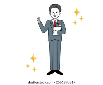 Illustration of a male salesperson serving a customer. Full body illustration of a male businessman.