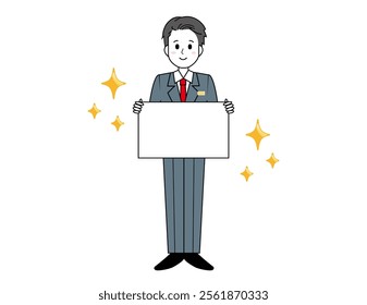 Illustration of a male salesperson serving a customer. Full body illustration of a male businessman.