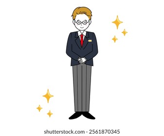 Illustration of a male salesperson serving a customer. Full body illustration of a male businessman.