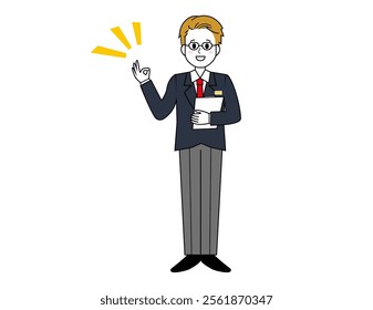 Illustration of a male salesperson serving a customer. Full body illustration of a male businessman.