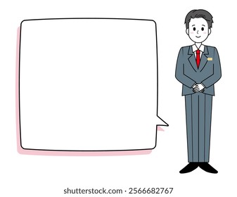 Illustration of a male salesperson serving a customer. Full body illustration of a male businessman.