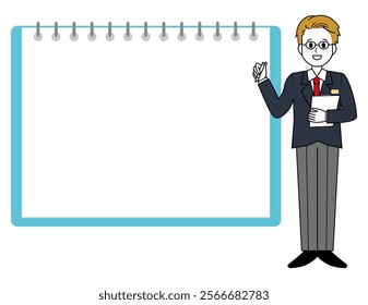 Illustration of a male salesperson serving a customer. Full body illustration of a male businessman.