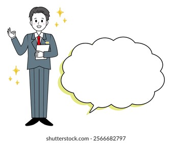 Illustration of a male salesperson serving a customer. Full body illustration of a male businessman.