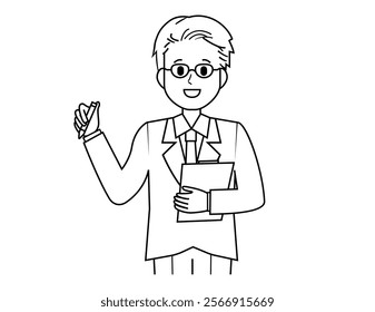 Illustration of a male salesperson serving a customer.  Full body illustration of a male businessman.