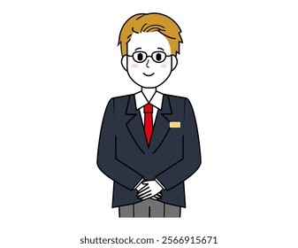 Illustration of a male salesperson serving a customer.  Full body illustration of a male businessman.