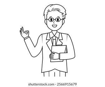 Illustration of a male salesperson serving a customer.  Full body illustration of a male businessman.