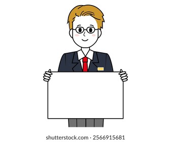 Illustration of a male salesperson serving a customer.  Full body illustration of a male businessman.