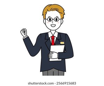 Illustration of a male salesperson serving a customer.  Full body illustration of a male businessman.