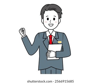 Illustration of a male salesperson serving a customer.  Full body illustration of a male businessman.