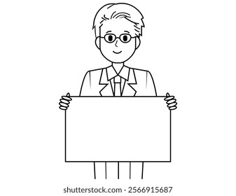 Illustration of a male salesperson serving a customer.  Full body illustration of a male businessman.