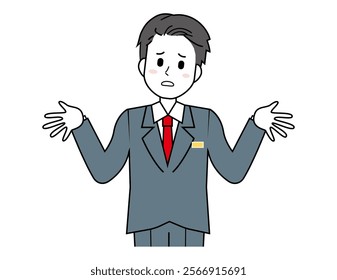 Illustration of a male salesperson serving a customer.  Full body illustration of a male businessman.