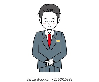 Illustration of a male salesperson serving a customer.  Full body illustration of a male businessman.