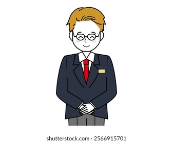 Illustration of a male salesperson serving a customer.  Full body illustration of a male businessman.