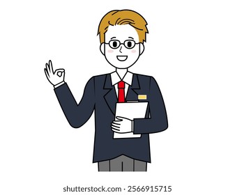 Illustration of a male salesperson serving a customer.  Full body illustration of a male businessman.