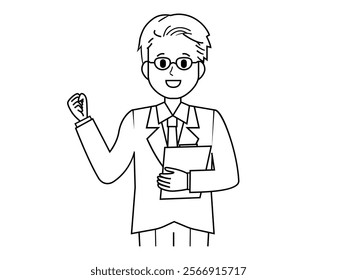 Illustration of a male salesperson serving a customer.  Full body illustration of a male businessman.