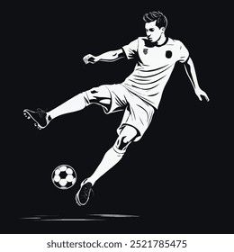 Ilustração de um jogador de futebol do sexo masculino em mid-action, vestido com uma camisa branca com shorts pretos e meias brancas, habilmente controlando uma bola de futebol com seu pé.