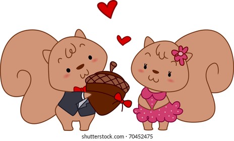 Illustration of a Male Squirrel Giving a Female Squirrel an Acorn
