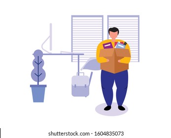 illustration of a male staff coming out of the office with a cardboard box filled with work equipment. Man Resign