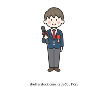 Illustration of a male student (line drawing) wearing a blazer and holding a diploma.