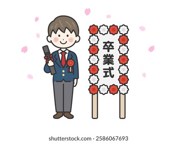 Illustration of a male student (line drawing) wearing a blazer on graduation day.
The Japanese word "sotsigyoshiki" is the English word for graduation ceremony.