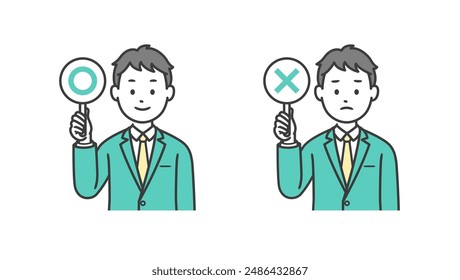 Illustration of a male student raising a circle or cross sign