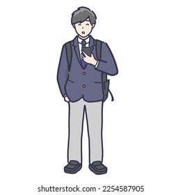 illustration of a male student in school uniform with a backpack on his back looking at his cell phone