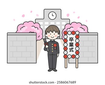 Illustration of a male student standing in front of the school building at the graduation ceremony.

The Japanese word "sotsigyoshiki" is the English word for graduation ceremony.