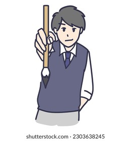 Illustration of a male student in a tie looking confident with a brush