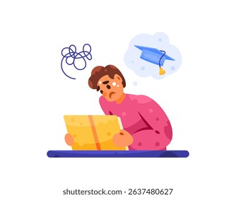 Illustration of a male student is troubled to learn graduation exams. academic pressure concept. difficult to learn. efforts to gain graduation. Educational Problems. Desian Flat Style Character