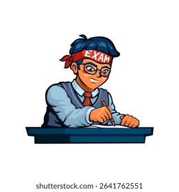 Illustration of a male student in uniform wearing a headband and studying for an exam Cartoon Illustration Vector