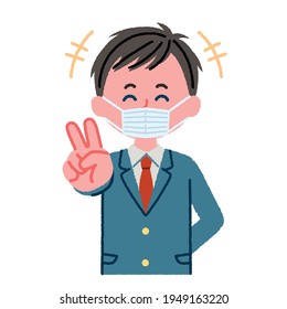 Illustration of a male student wearing a mask (V sign)