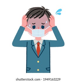 Illustration of a male student wearing a mask (worried)