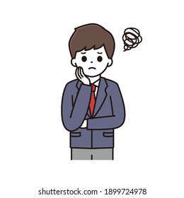 Illustration of a male student wearing school clothes and worried