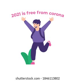 illustration of a male student who feels happy because in 2021 he is free from the corona virus or covid-19. the little boy ran with a bag and wanted to go to school. flat style. design elements