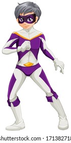 Illustration of a male superhero with a violet mask on a white background