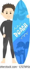 Illustration of a male surfer in a wetsuit.