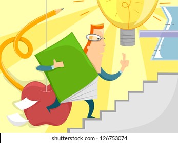 Illustration of a Male Teacher Carrying an Oversized Book Running Up a Flight of Stairs