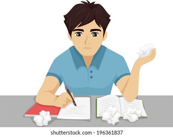 Illustration of a Male Teenager Having Trouble with His Homework