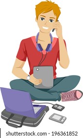 Illustration of a Male Teenager Surrounded by Different Electronic Gadgets