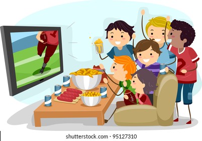 Illustration of Male Teens Watching Football on TV