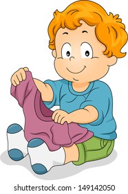 Illustration of a Male Toddler Holding a T-shirt While Trying to Dress Himself Up