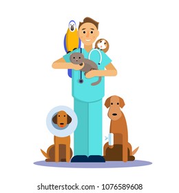 Illustration of male veterinarian with cute pet, dog, cat, Guinea pig and parrot.