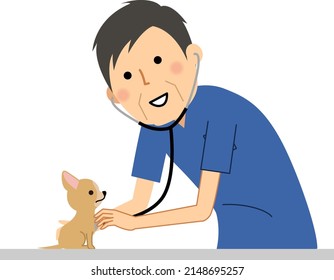 It is an illustration of a male veterinarian examining a dog.