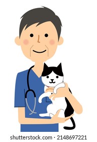 It is an illustration of a male veterinarian holding a cat.