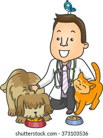 Illustration of a Male Veterinarian Petting Animals as He Feeds Them