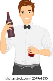 Illustration of a Male Waiter Carrying a Wine Tray Holding Glasses of Wine