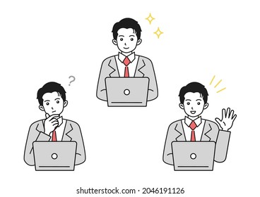 Illustration of a male wearing a suit operating a personal computer