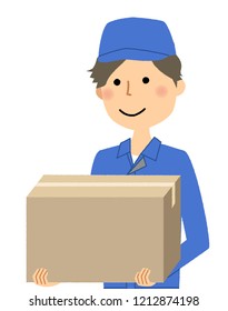It is an illustration of a male worker carrying a cardboard box.