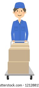 It is an illustration of a male worker carrying a cardboard box.